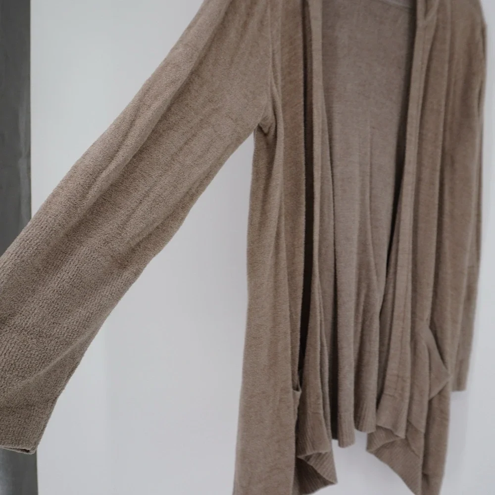 Barefoot Dreams Resort Cozychic Lite Hoodie Cardigan Light Brown Long Open Large